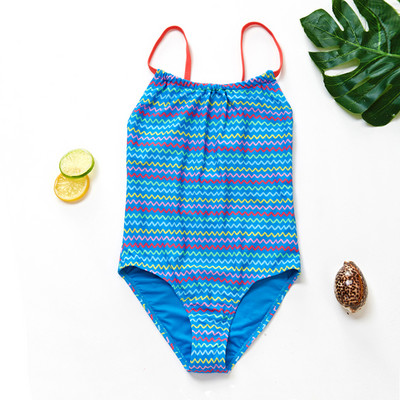 Lányos fürdőruha egyrészes csíkos fürdőruha függő nyakú gyermek fürdőruha 2020 új kék híresség stílusú fürdőruha 1087
