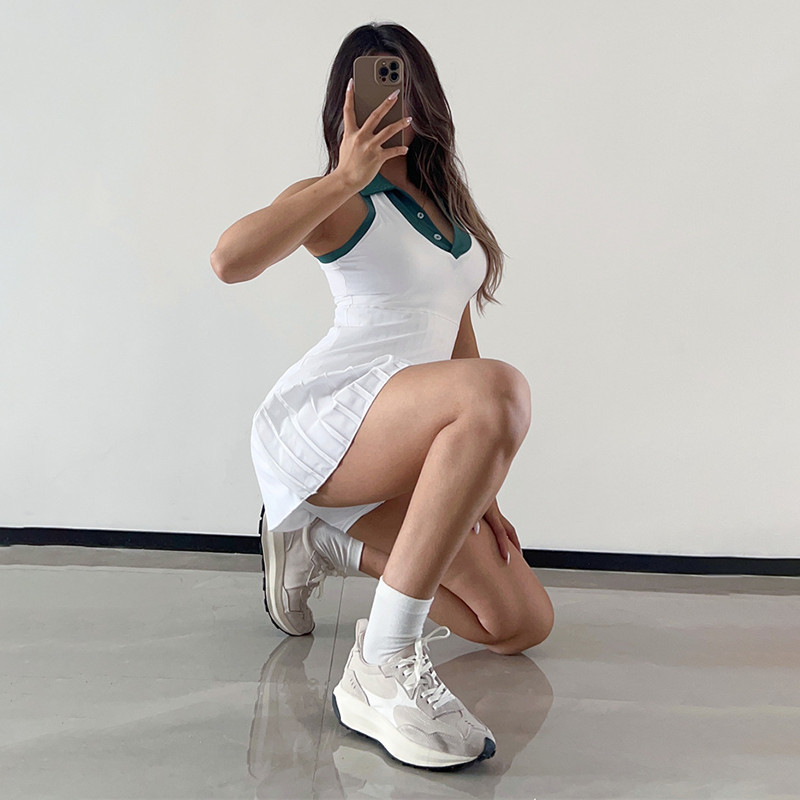 Sean Tsing® Sport Tennis Golf Plisuotos suknelės Moteriška suknelė be rankovių, paminkštinta apykakle su apsauginiais šortais, dviejų dalių kostiumai