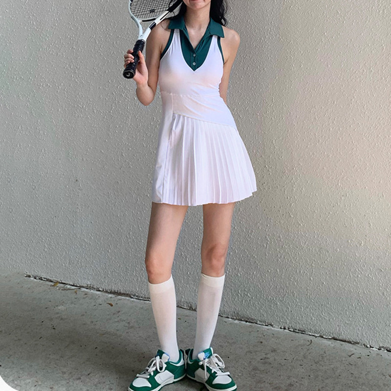 Sean Tsing® Sport Tennis Golf Plisuotos suknelės Moteriška suknelė be rankovių, paminkštinta apykakle su apsauginiais šortais, dviejų dalių kostiumai