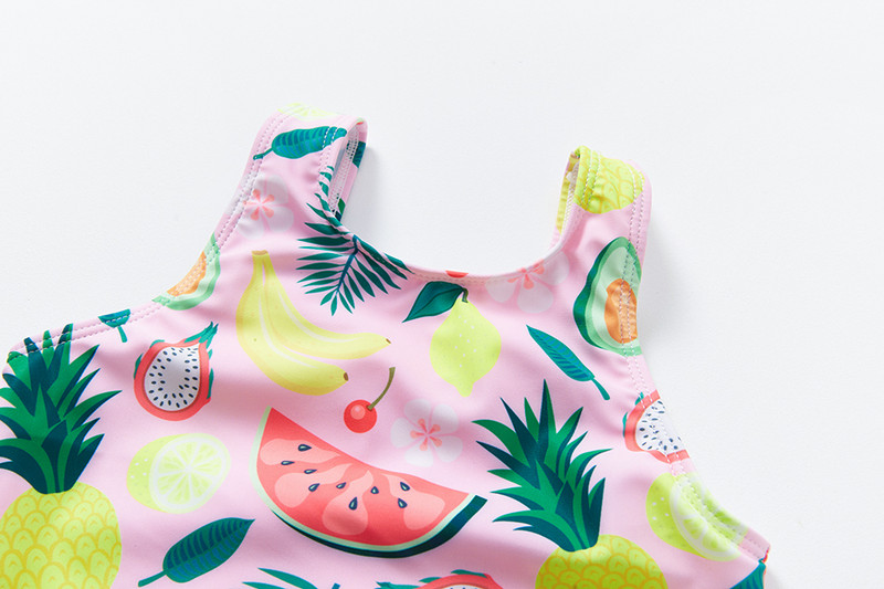 2–9 gadu vecuma meiteņu viengabala vasaras augļu peldkostīmi, 2021. gada jauni rozā augļu peldkostīmu vasaras pludmales tērpi bērniem