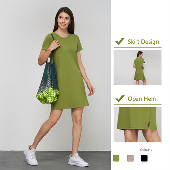 Γυναικείο φόρεμα τένις 2023 Καλοκαιρινή αθλητική φούστα γιόγκα μονόχρωμο κοντό μανίκι γκολφ παραλίας μίνι φόρεμα με σχισμή στρίφωμα χαλαρό μαλακό ένδυμα προπόνησης