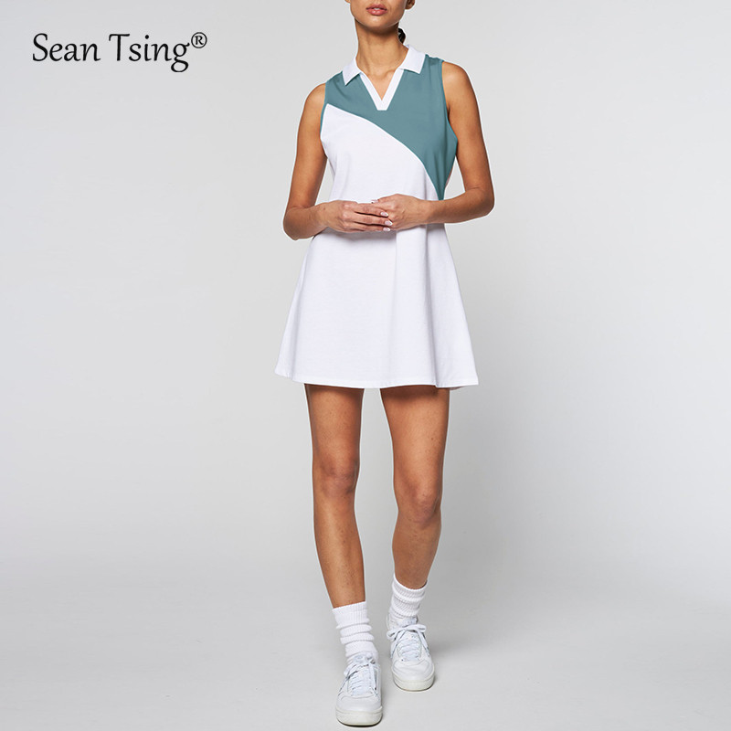 Sean Tsing® teniszruhák, ujjatlan, lehajtható galléros női Vigentino golf tollaslabda ruha biztonsági rövidnadrággal, kétrészes szett