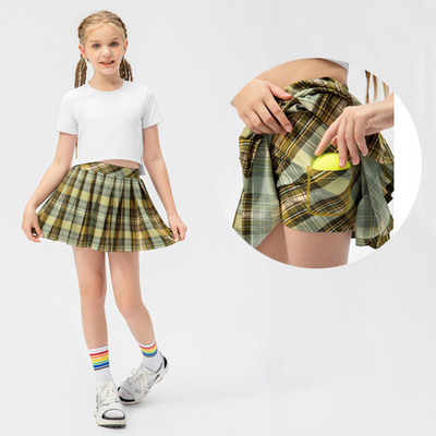 Gyerek sportskort zsebekkel Lányok tini redős kockákkal csillogásmentes tánc golf Tenisz futónadrág szoknyával