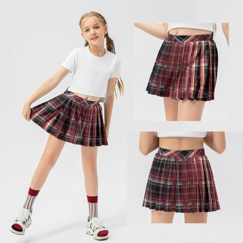 Bērnu sporta skorts ar kabatām Meitenēm pusaudžu kroku čekiem pret atspīdumu deju golfa tenisa skriešanas šorti ar svārkiem