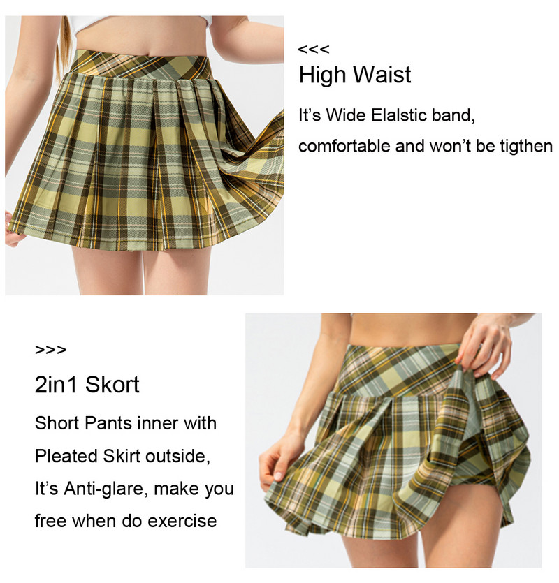 Bērnu sporta skorts ar kabatām Meitenēm pusaudžu kroku čekiem pret atspīdumu deju golfa tenisa skriešanas šorti ar svārkiem