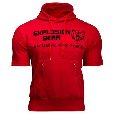 Férfi Tornaterem Sport Pamut pulóverek Fitnesz Testépítés Pulóver dzsekik Férfi Cipzáras zsebek Rövid ujjú edzés edzés pulóver