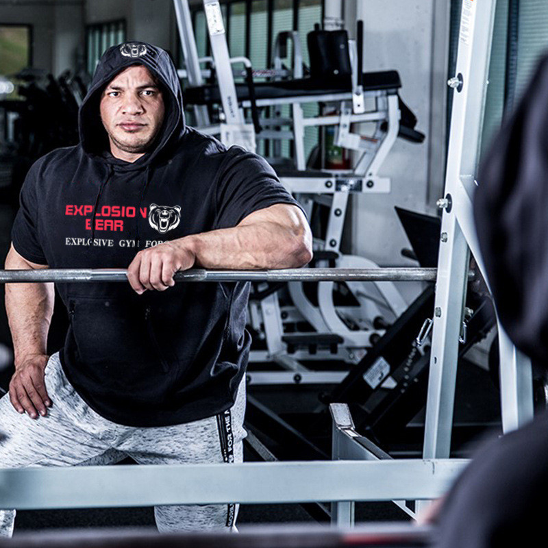 Férfi Tornaterem Sport Pamut pulóverek Fitnesz Testépítés Pulóver dzsekik Férfi Cipzáras zsebek Rövid ujjú edzés edzés pulóver