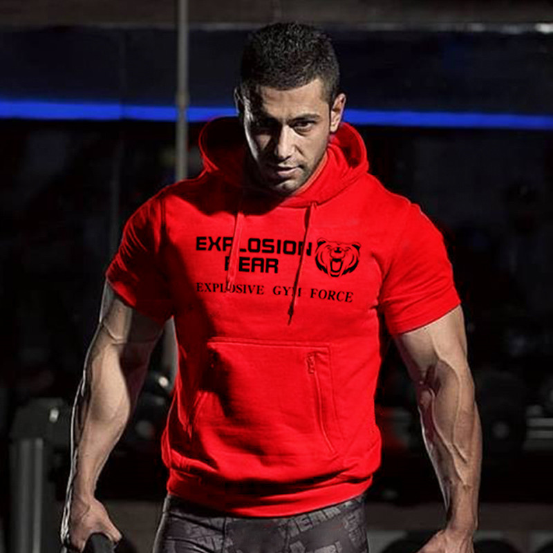 Férfi Tornaterem Sport Pamut pulóverek Fitnesz Testépítés Pulóver dzsekik Férfi Cipzáras zsebek Rövid ujjú edzés edzés pulóver