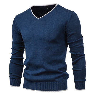 2022 нов 100% памучен пуловер с v-образно деколте мъжки пуловери едноцветни есенни тънки пуловери с дълъг ръкав мъжки ежедневни мъжки дрехи