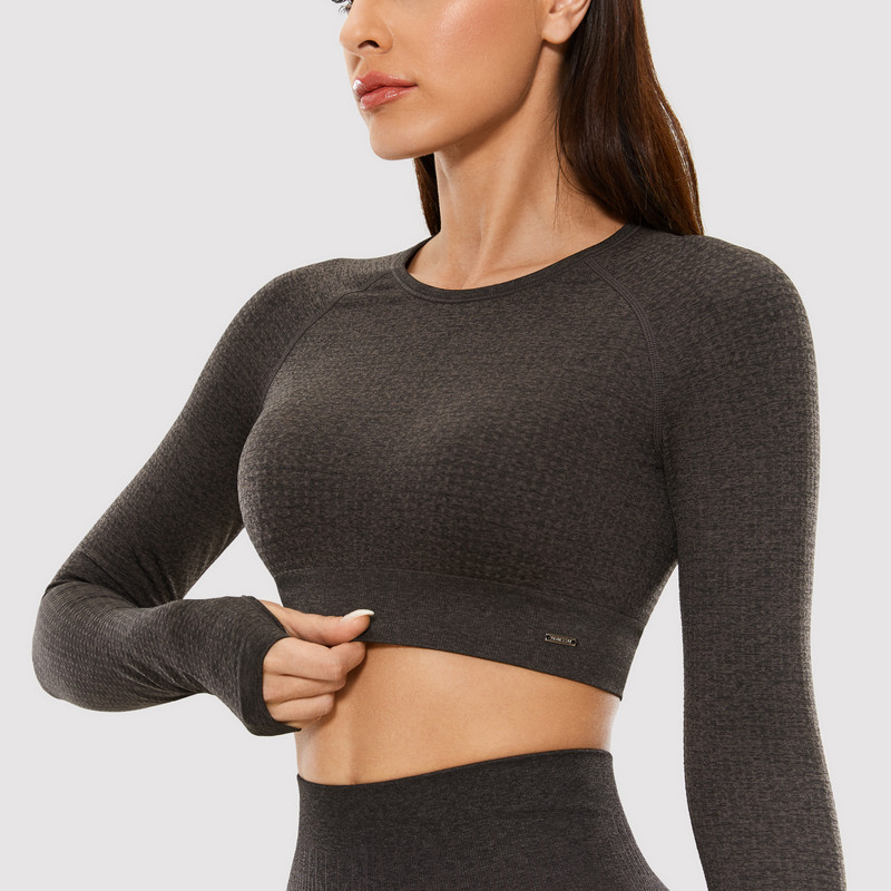 Дамска тениска Seamless Workout Yoga Спортни горнища с дълъг ръкав Укорочени горнища Ризи Athletic Gym Едноцветен отвор за палеца