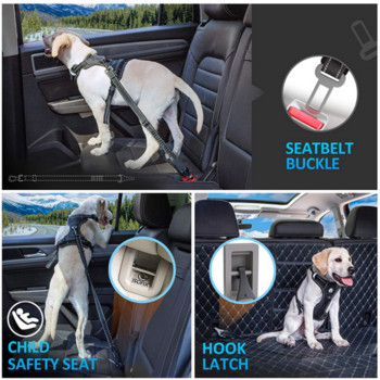 Кучешки предпазен колан 3-в-1 колан за кола за кучета, домашни любимци, регулируем предпазен колан, светлоотразителна лента за бънджи с щипка, кука, резе и катарама
