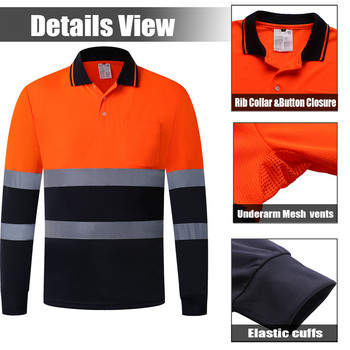 Δίχρωμο μακρυμάνικο μπλουζάκι πόλο ασφαλείας Πορτοκαλί πουκάμισο υψηλής ορατότητας αντανακλαστικό με τσέπες Hi vis εργασίας πουκάμισο