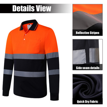 Двуцветна защитна поло тениска с дълъг ръкав Оранжева светлоотразителна риза с висока видимост и джобове Работна риза Hi vis