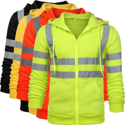 Men`s High Visibility Safety Hoodied Sweatshirt Pullover Hi Vis Fleece jacket With Reflective Tripes Workwear