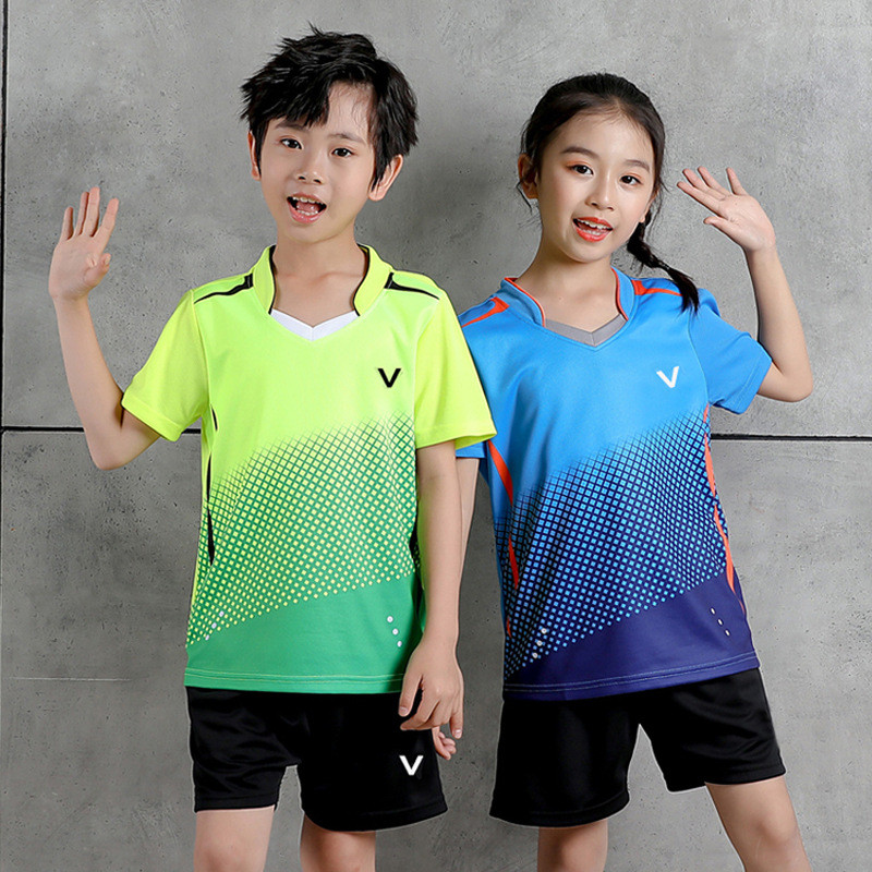Bērnu badmintona apģērbi zēniem un meitenēm galda tenisa apģērbi ar īsām piedurknēm treniņu grupas krekls ar apdruku