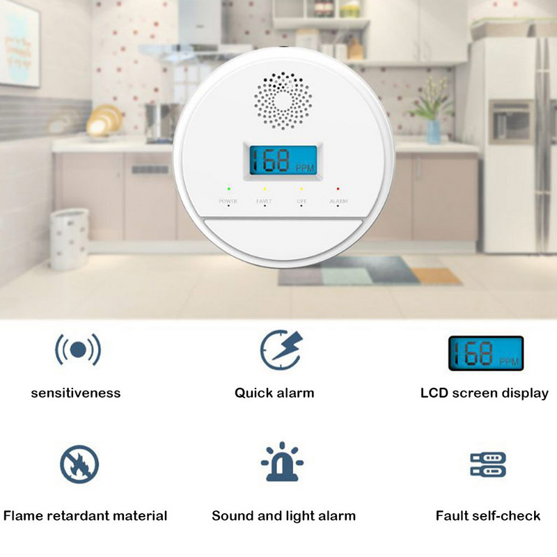 Süsinikandur, väga tundlik 85 dB CO alarmid Süsinikmonooksiidi akutoitel hoiatus Hoiatus häiredetektori LCD indikaator