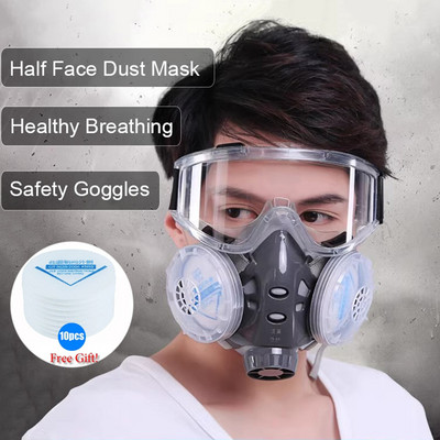 New Dust Mask Respirator Dual Filter Half Face Mask with Safety Glass For Carpenter Builder Polishing Dustproof +10 Filters