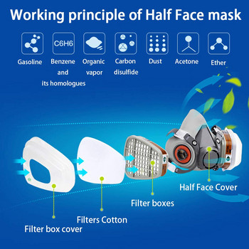 Επαναχρησιμοποιήσιμη μάσκα 6200 Κάλυμμα προσώπου με φίλτρα για βάψιμο Μηχανή σκόνης που γυαλίζει οργανικούς ατμούς με βαμβάκι φίλτρου Αντιθαμβωτικό γυαλιά