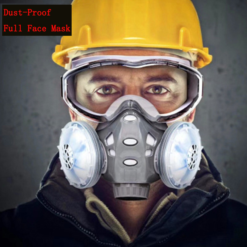 Új pormaszkos légzőkészülék védőszemüveggel, szélálló, kettős szűrős teljes arcmaszk építőipari polírozáshoz, ács porálló