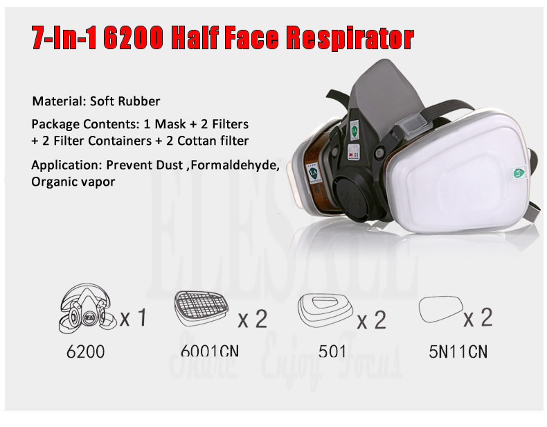 Új 7 az 1-ben 6200 porgázos légzésvédő félarcú pormaszk festéshez permetezéshez szerves gőz vegyi gázszűrő munkabiztonság