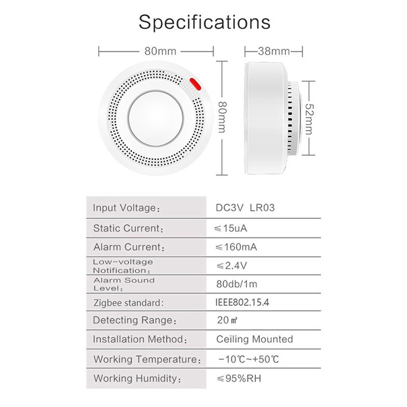 „Tuya Smart“ dūmų detektorius „Smart Home“ priešgaisrinė signalizacija Progresyvus garsas Fotoelektrinis dūmų jutiklis veikia su „Tuya Zigbee Hub“