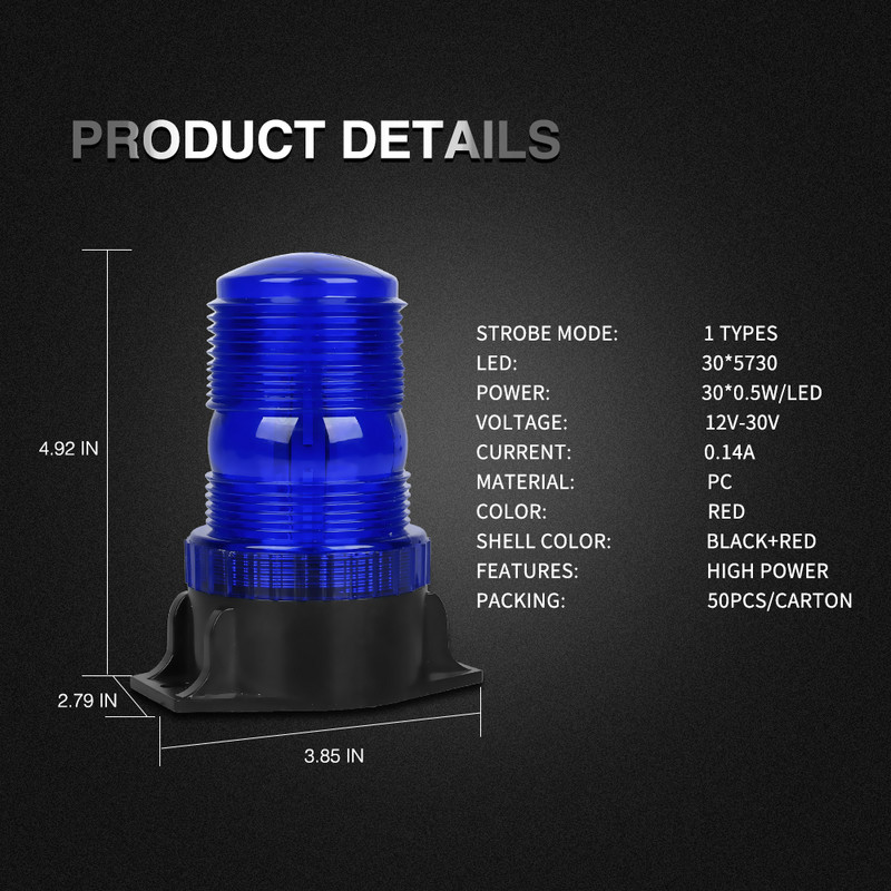 Bogrand 30 gaismas diodes 12-30 V zilas krāsas LED zibspuldzes signāla mirgojoša bāka avārijas ātrās palīdzības gaismas