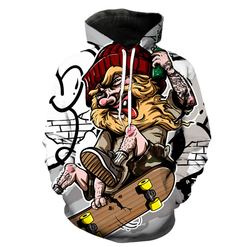 Karikatūras skeitborda raksta vīriešu kapuces ar 3D drukātu unisex lielizmēra ielu apģērbu ar garām piedurknēm puloveru modes 2022. gada karstā izpārdošana.