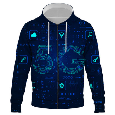 2021 Чисто нов моден 5g мрежов 3D печат Суичър с качулка с цип Мъже и жени Персонализиран дизайн Суичър Harajuku Горнища с качулка