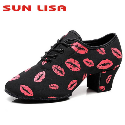 SUN LISA Women`s Lady`s Girl`s Red Lips Indoor Oxford Leather Sole Chunky Heel Sneaker Ballroom Modern Salsa Latin Dance Shoes