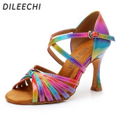 DILEECHI Latin tánccipők Rainbow Colors világos PU Női Salsa elegáns Cuba magassarkú 9cm Társastánc cipő puha külső talp