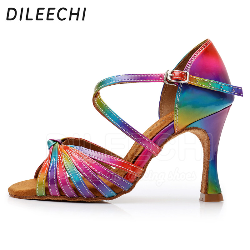 DILEECHI Latin tánccipők Rainbow Colors világos PU Női Salsa elegáns Cuba magassarkú 9cm Társastánc cipő puha külső talp