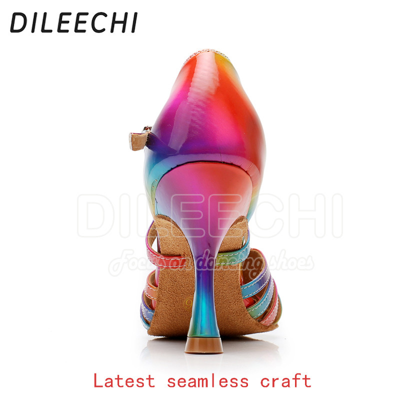 DILEECHI Latin tánccipők Rainbow Colors világos PU Női Salsa elegáns Cuba magassarkú 9cm Társastánc cipő puha külső talp