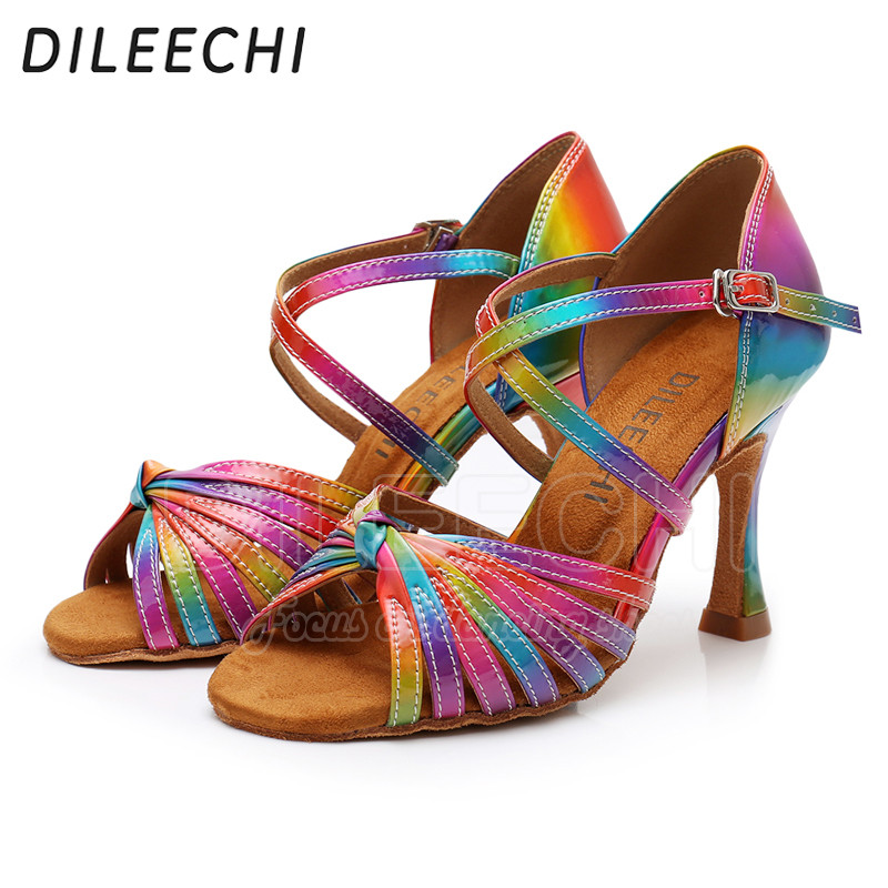 DILEECHI Latin tánccipők Rainbow Colors világos PU Női Salsa elegáns Cuba magassarkú 9cm Társastánc cipő puha külső talp