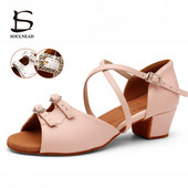 Meiteņu salsas deju apavi Sieviešu bērnu balles deju apavi latīņu dejām, balti rozā papēži, 3,5 cm, mīksta zole, bērnu mūsdienu tango deju apavi