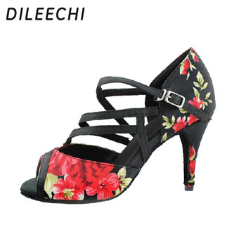 DILEECHI Обувки за латино танци в китайски стил Дамски сатенени меки подметки на цветя Обувки за бални танци Salsa Samba Парти обувки