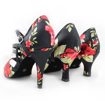 DILEECHI Обувки за латино танци в китайски стил Дамски сатенени меки подметки на цветя Обувки за бални танци Salsa Samba Парти обувки