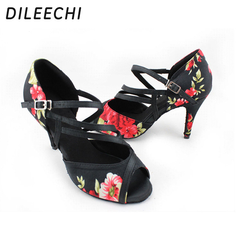 DILEECHI Latīņamerikas deju apavi Ķīniešu Style Sieviešu ziedu satīna mīksta zole Balles deju kurpes Salsa Samba Party kurpes