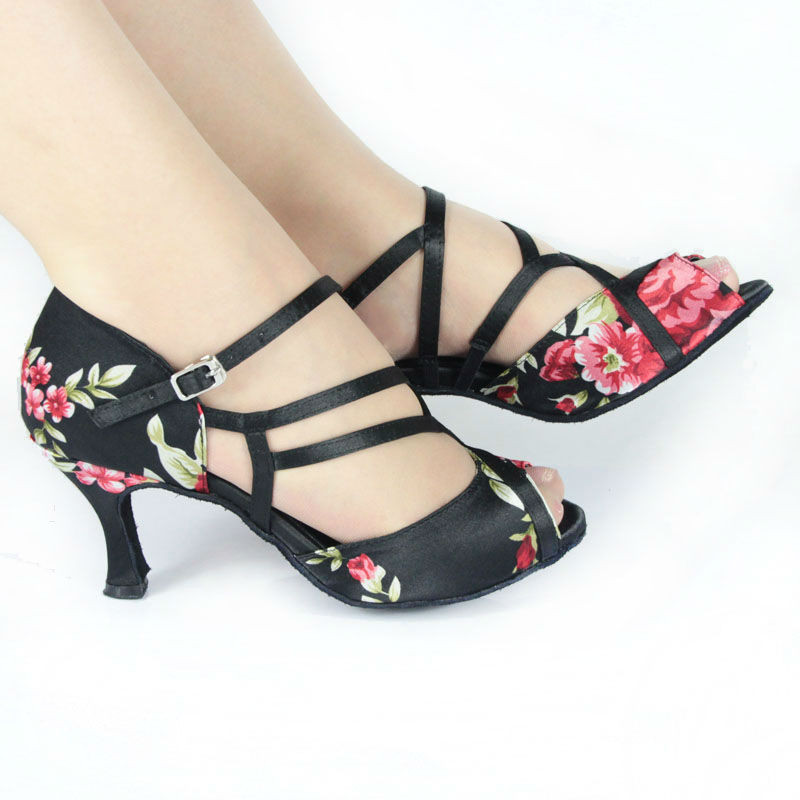 DILEECHI Latīņamerikas deju apavi Ķīniešu Style Sieviešu ziedu satīna mīksta zole Balles deju kurpes Salsa Samba Party kurpes