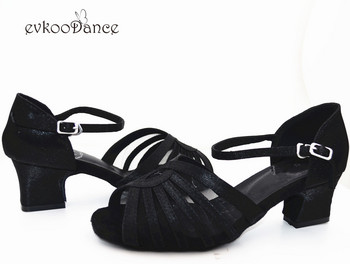 Evkoodance Zapatos De Baile Черен сатен с мрежест нисък ток 5 см Обувки за тренировъчни танци Бални обувки за латиноамериканска салса за жени Evkoo-527