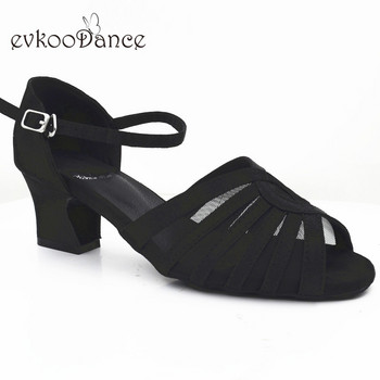 Evkoodance Zapatos De Baile Черен сатен с мрежест нисък ток 5 см Обувки за тренировъчни танци Бални обувки за латиноамериканска салса за жени Evkoo-527