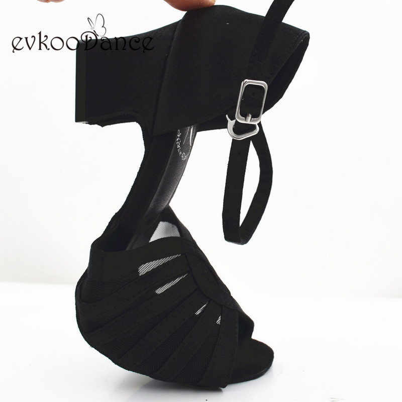 Evkoodance Zapatos De Baile melns satīns ar sietu ar zemu papēdi 5 cm vingrošanas apavi dejām Latin Salsa balles apavi sievietēm Evkoo-527