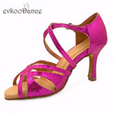 Evkoodance Izmērs 4-12 Latīņu deju apavi Salsa Red Shinny 8,3 cm Papēža augstums Ērti apavi meitenēm Evkoo-522