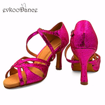 Evkoodance Μέγεθος 4-12 Latin Dancing Παπούτσια Salsa Red Shinny 8,3 cm Τακούνι Άνετα Παπούτσια για Κορίτσια Evkoo-522