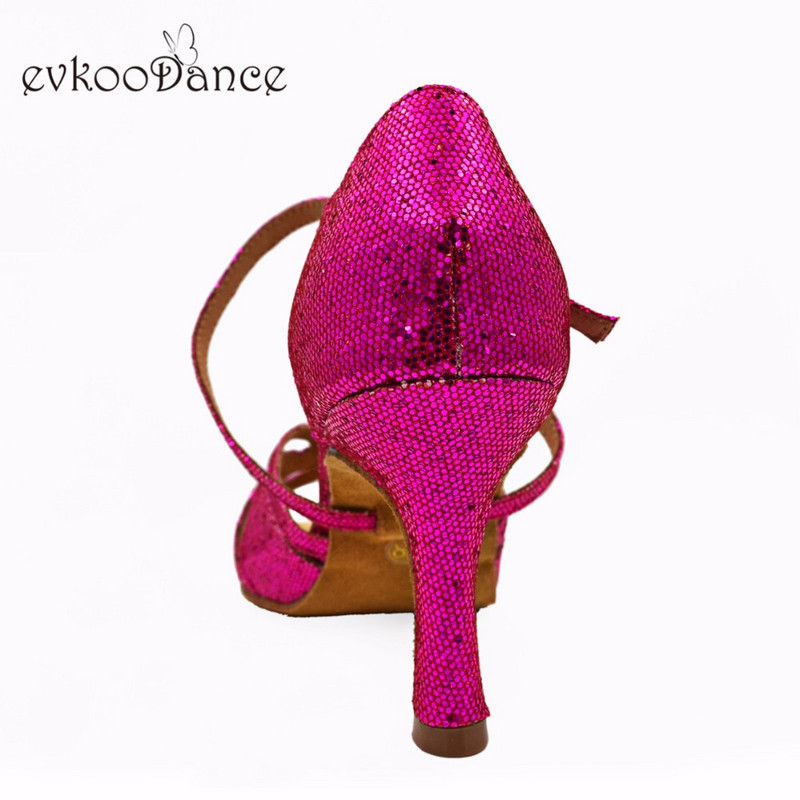 Evkoodance Izmērs 4-12 Latīņu deju apavi Salsa Red Shinny 8,3 cm Papēža augstums Ērti apavi meitenēm Evkoo-522