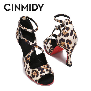 CINMIDY Обувки за латино танци с леопард Дамски обувки за бални танци Танго салса Обувки за вътрешни парти обувки с мека подметка Дамски сандали