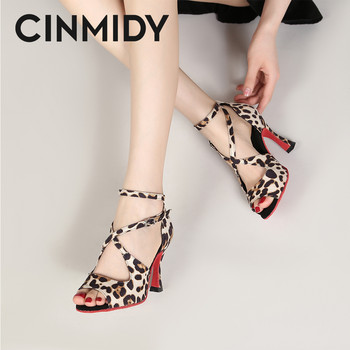 CINMIDY Обувки за латино танци с леопард Дамски обувки за бални танци Танго салса Обувки за вътрешни парти обувки с мека подметка Дамски сандали