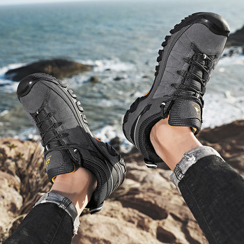HIKEUP Нови висококачествени мъжки туристически обувки Издръжливи кожени обувки за катерене Маратонки за ходене на открито Гумена подметка Фабричен изход