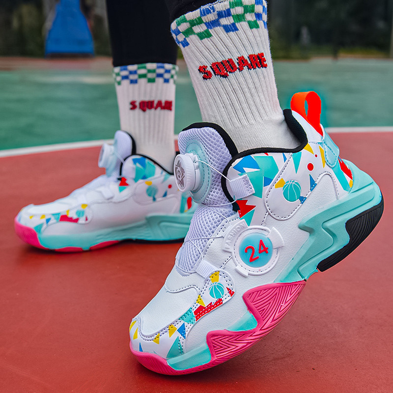 Mada Spalvingi Vaikiški Sportiniai bateliai Berniukams Rotary Mygtukai Krepšinio Batai Storas Padas Vaikiški Sportiniai Batai Neslystantys Vaikiški Sportiniai Batai Batai