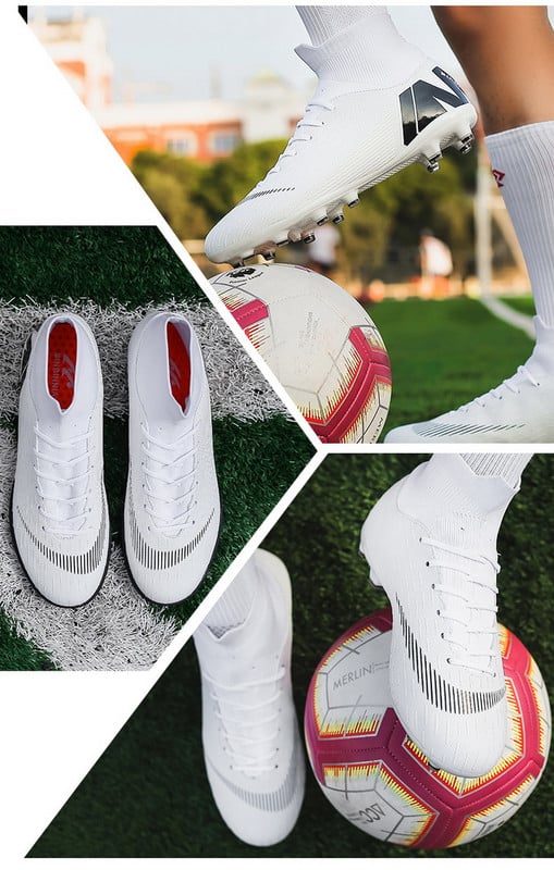 Akciós férfi futballkapcsok magas bokával rendelkező futballcipők hosszú tüskés kültéri foci edzőcipők férfiaknak női futballcipők