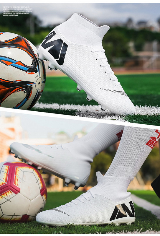 Akciós férfi futballkapcsok magas bokával rendelkező futballcipők hosszú tüskés kültéri foci edzőcipők férfiaknak női futballcipők